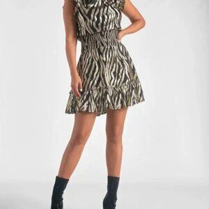 Elan Black and Gold Foil Stripe Smocked Waist Dress